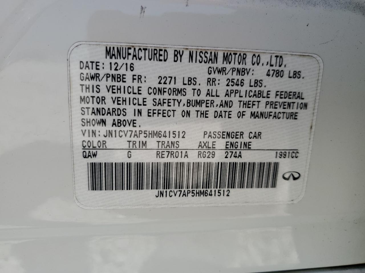 JN1CV7AP5HM641512 INFINITI Q50 2017