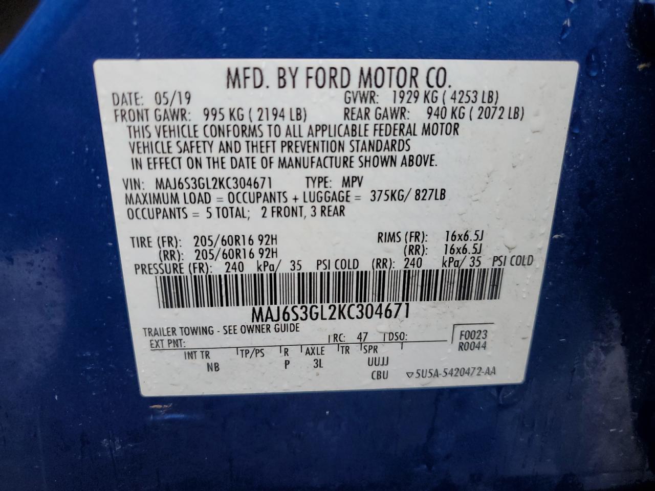 MAJ6S3GL2KC304671 FORD ECOSPORT 2019