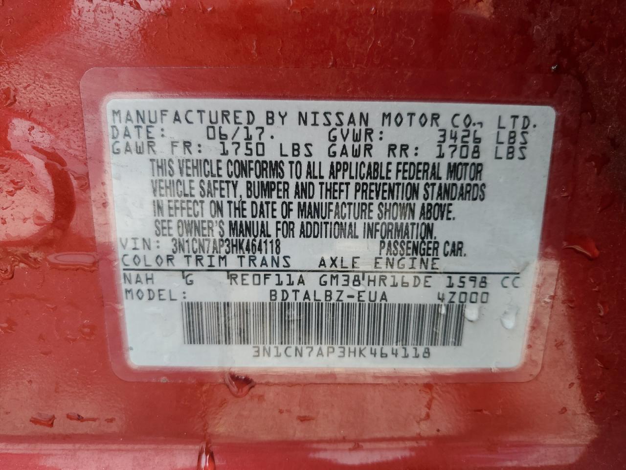 3N1CN7AP3HK464118 NISSAN VERSA 2017