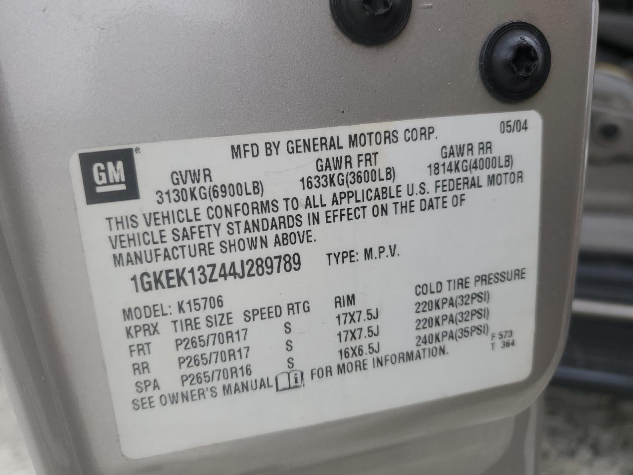 1GKEK13Z44J289789 2004 GMC Yukon