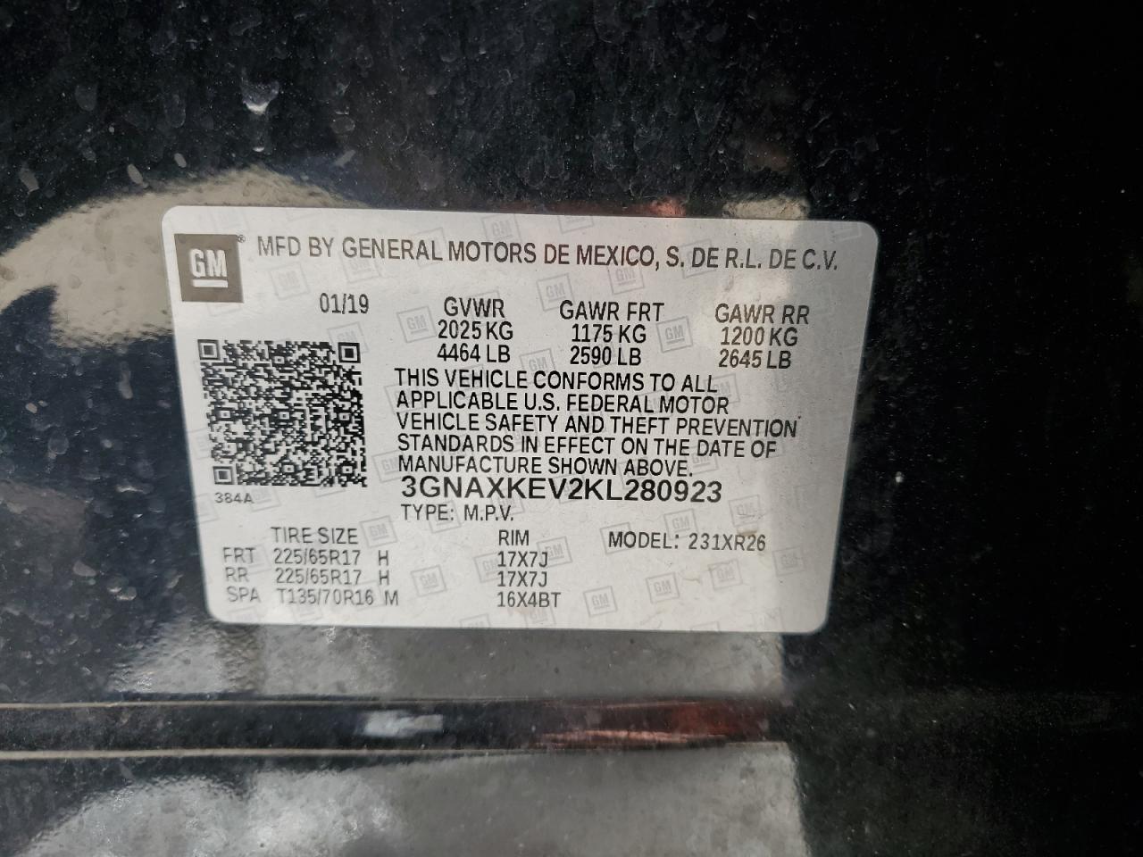 3GNAXKEV2KL280923 CHEVROLET EQUINOX 2019