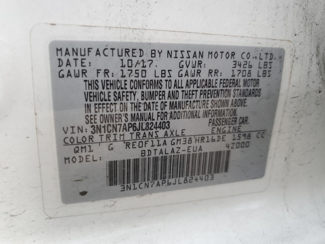 3N1CN7AP6JL824403 NISSAN VERSA 2018