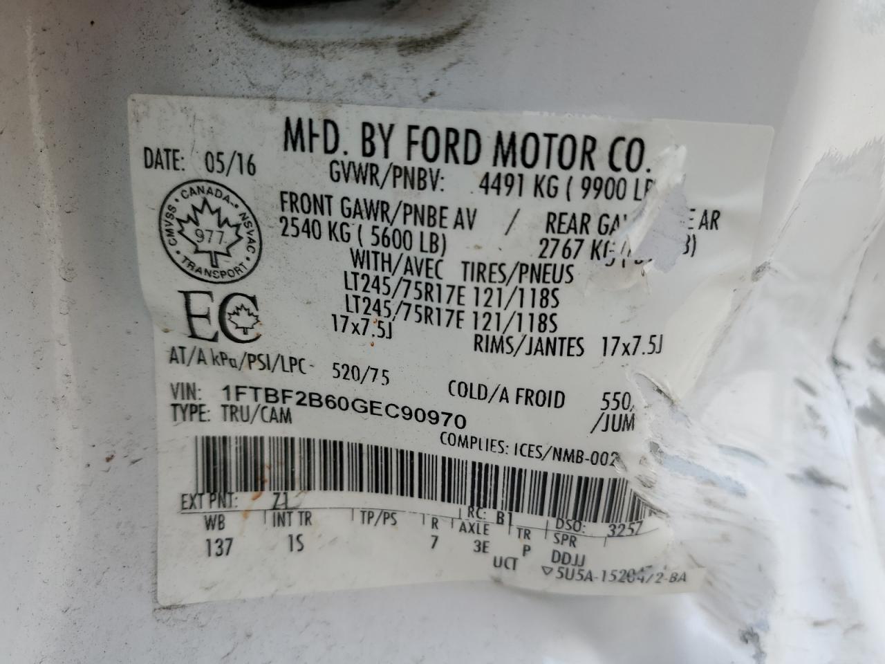 1FTBF2B60GEC90970 FORD F250 2016