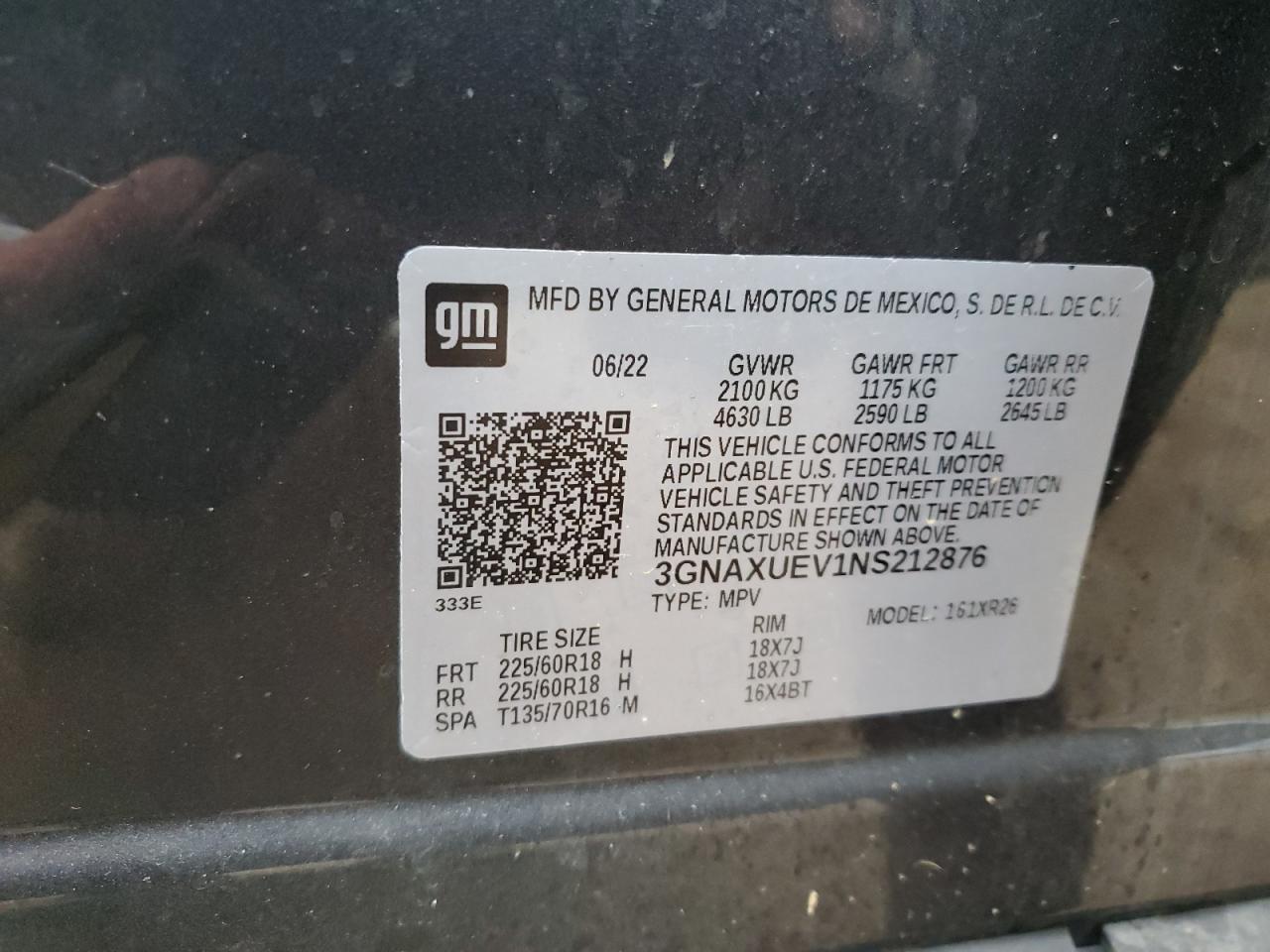 3GNAXUEV1NS212876 CHEVROLET EQUINOX 2022