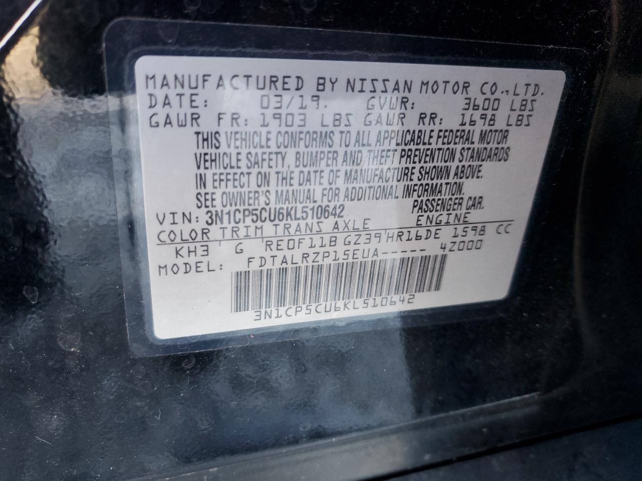 3N1CP5CU6KL510642 2019 Nissan Kicks S