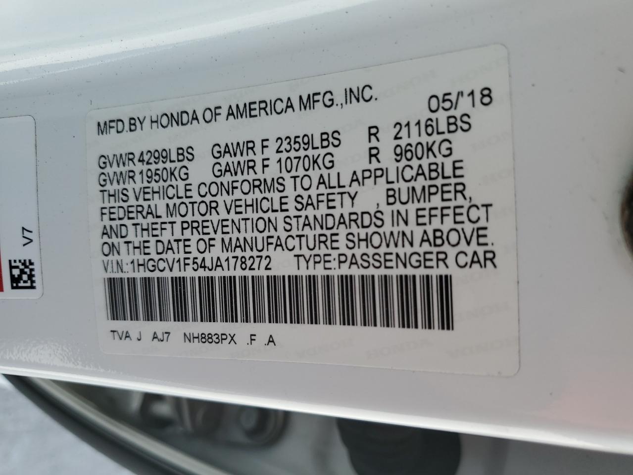 1HGCV1F54JA178272 HONDA ACCORD 2018