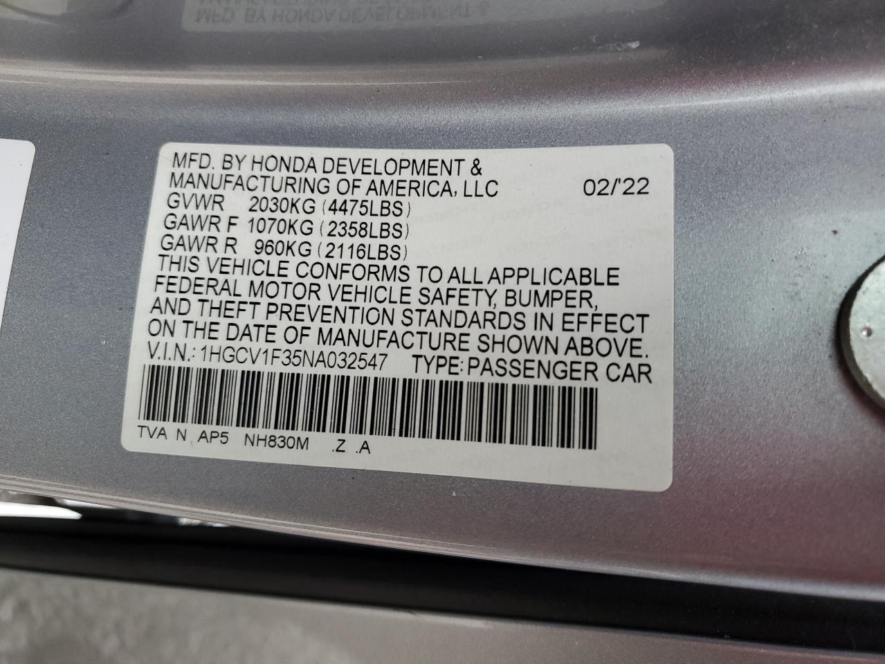 1HGCV1F35NA032547 2022 Honda Accord Sport