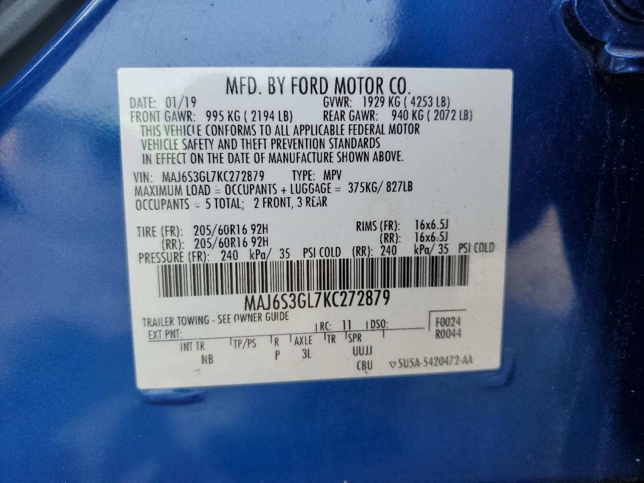 MAJ6S3GL7KC272879 FORD ECOSPORT 2019