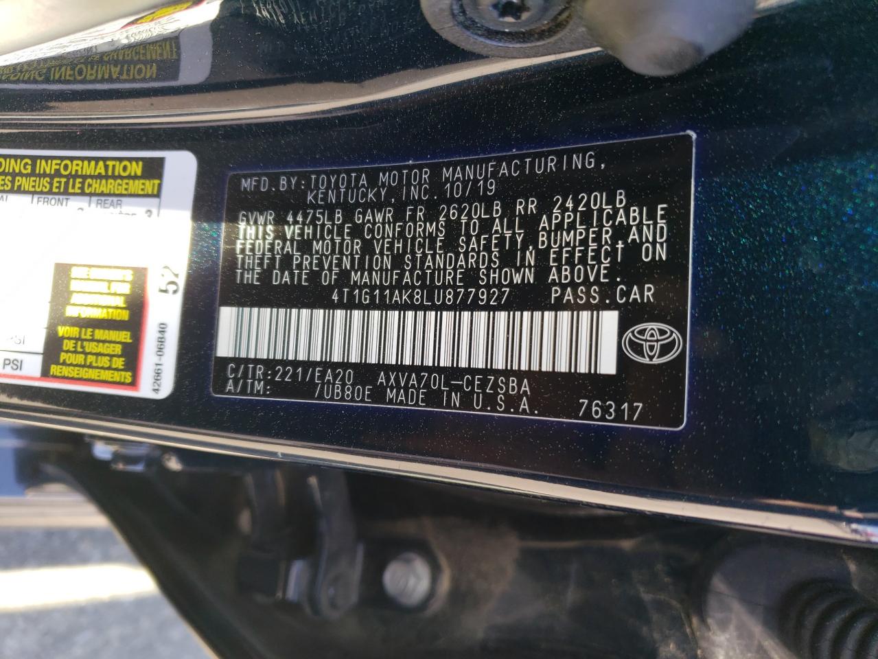 4T1G11AK8LU877927 TOYOTA CAMRY 2020
