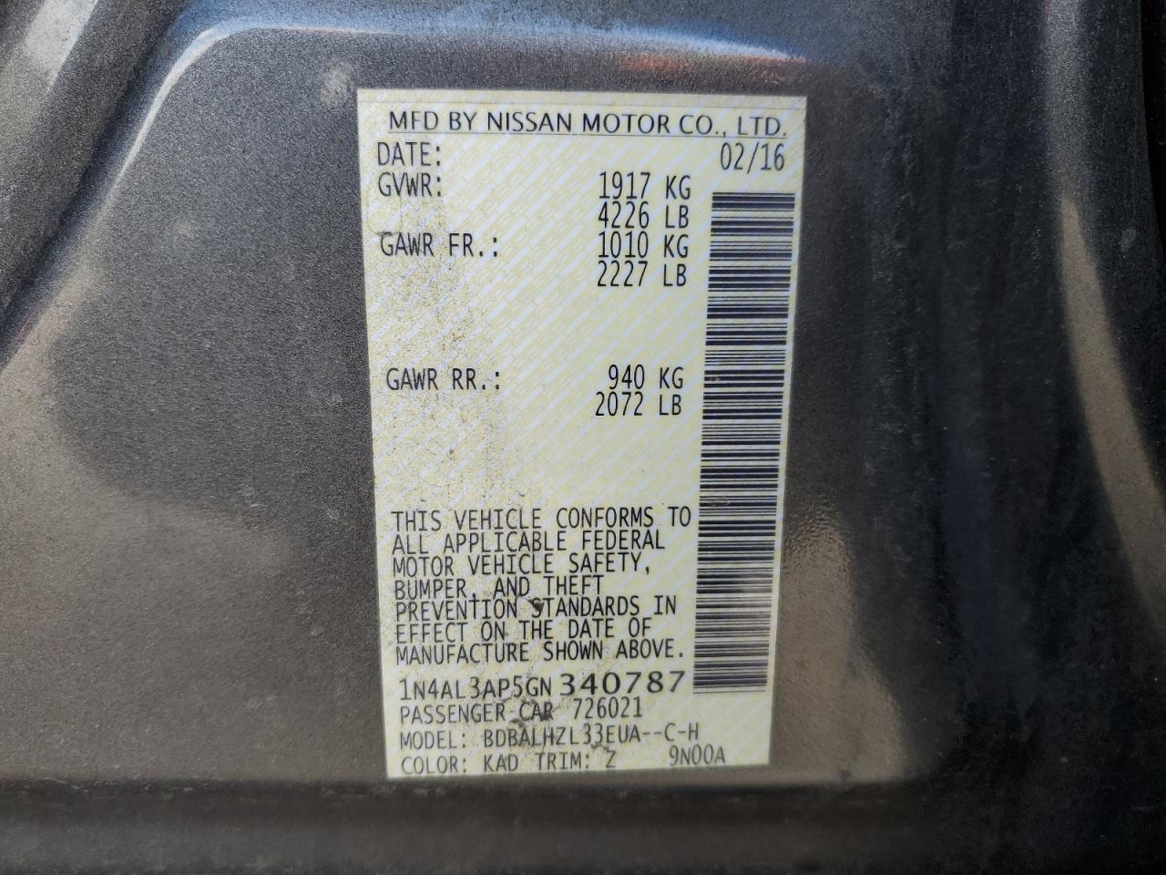 1N4AL3AP5GN340787 NISSAN ALTIMA 2016