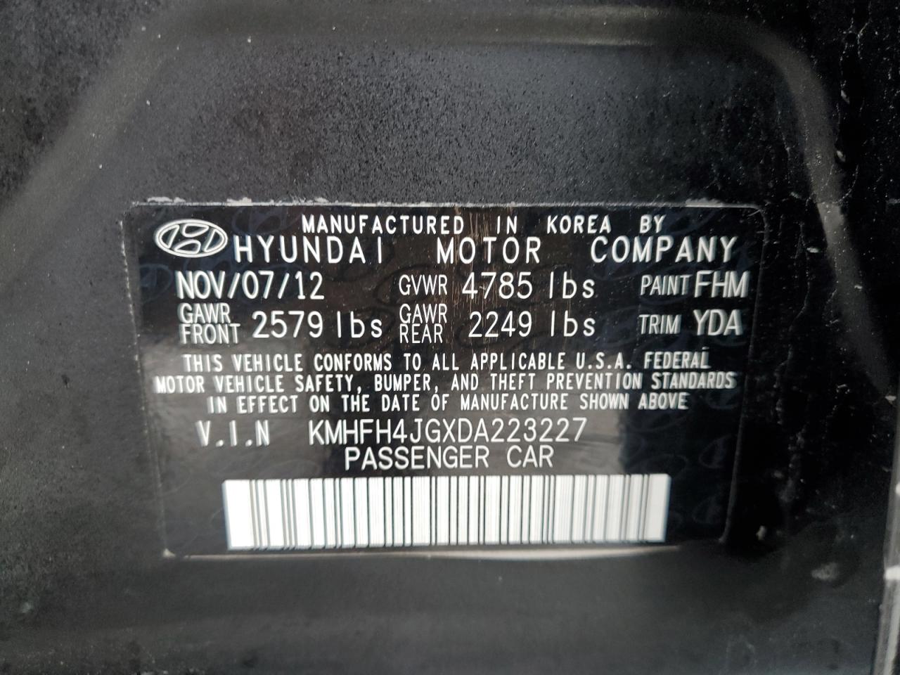 KMHFH4JGXDA223227 2013 Hyundai Azera Gls