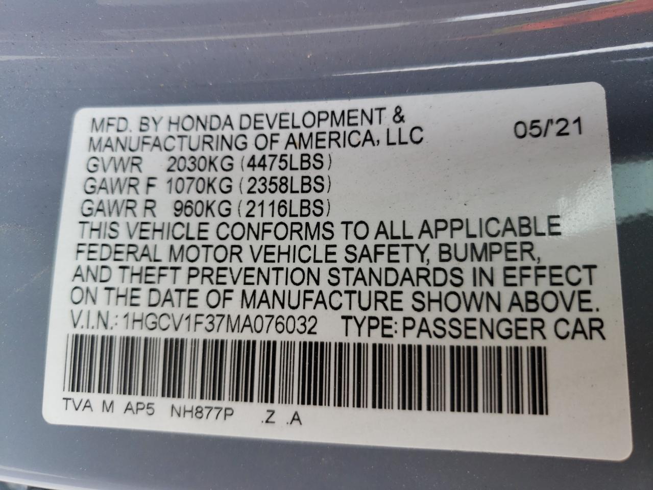 1HGCV1F37MA076032 HONDA ACCORD 2021