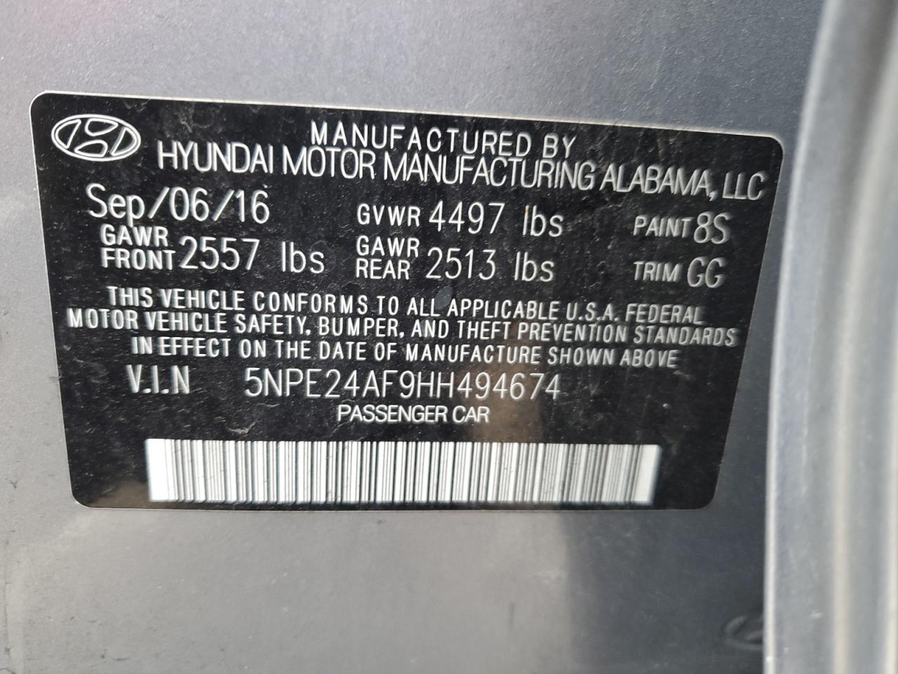 5NPE24AF9HH494674 2017 Hyundai Sonata Se