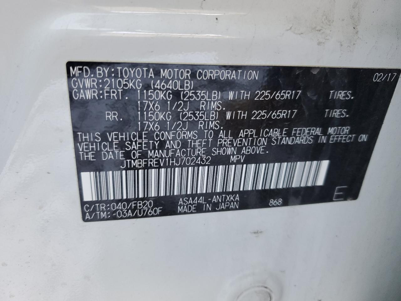 JTMBFREV1HJ702432 TOYOTA RAV4 2017