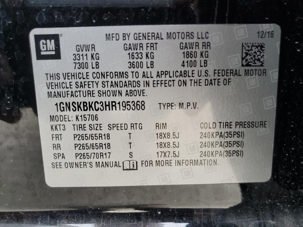 1GNSKBKC3HR195368 CHEVROLET TAHOE 2017