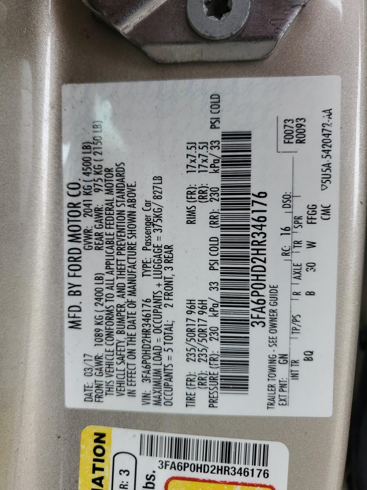 3FA6P0HD2HR346176 FORD FUSION 2017