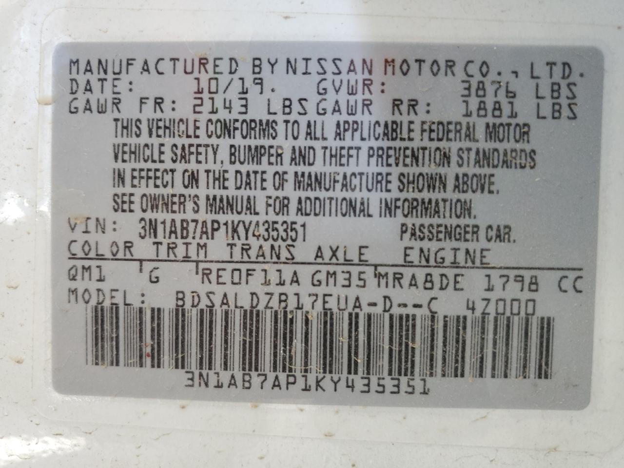 3N1AB7AP1KY435351 NISSAN SENTRA 2019