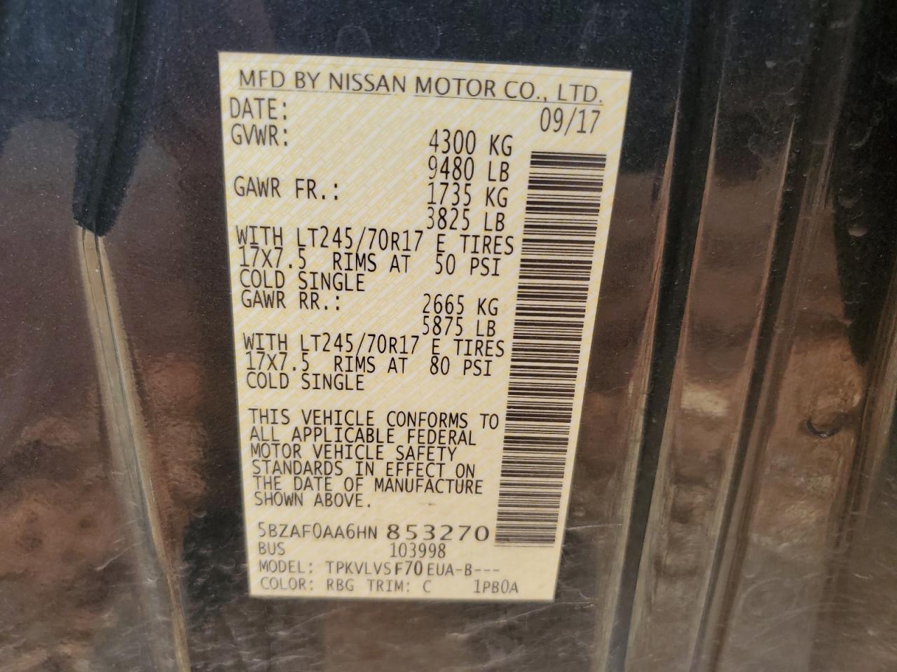 5BZAF0AA6HN853270 NISSAN NV 2017