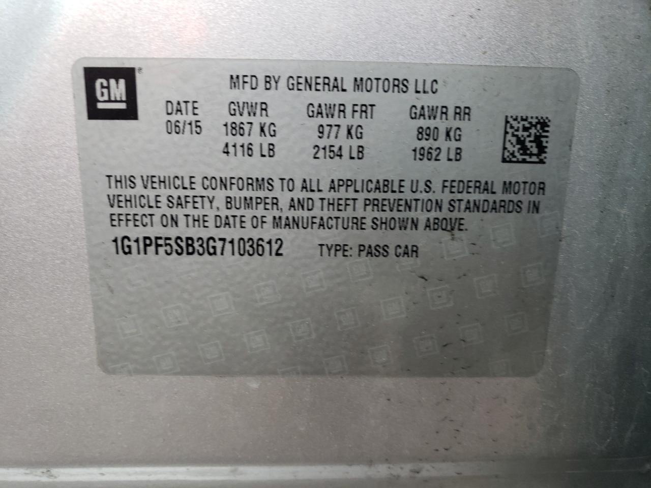1G1PF5SB3G7103612 CHEVROLET CRUZE 2016