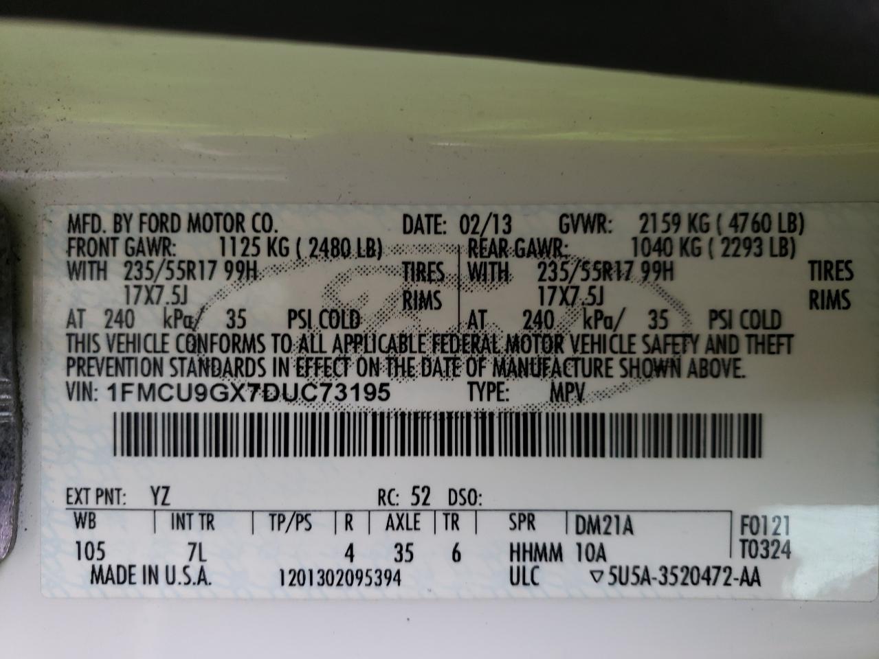 1FMCU9GX7DUC73195 2013 Ford Escape Se