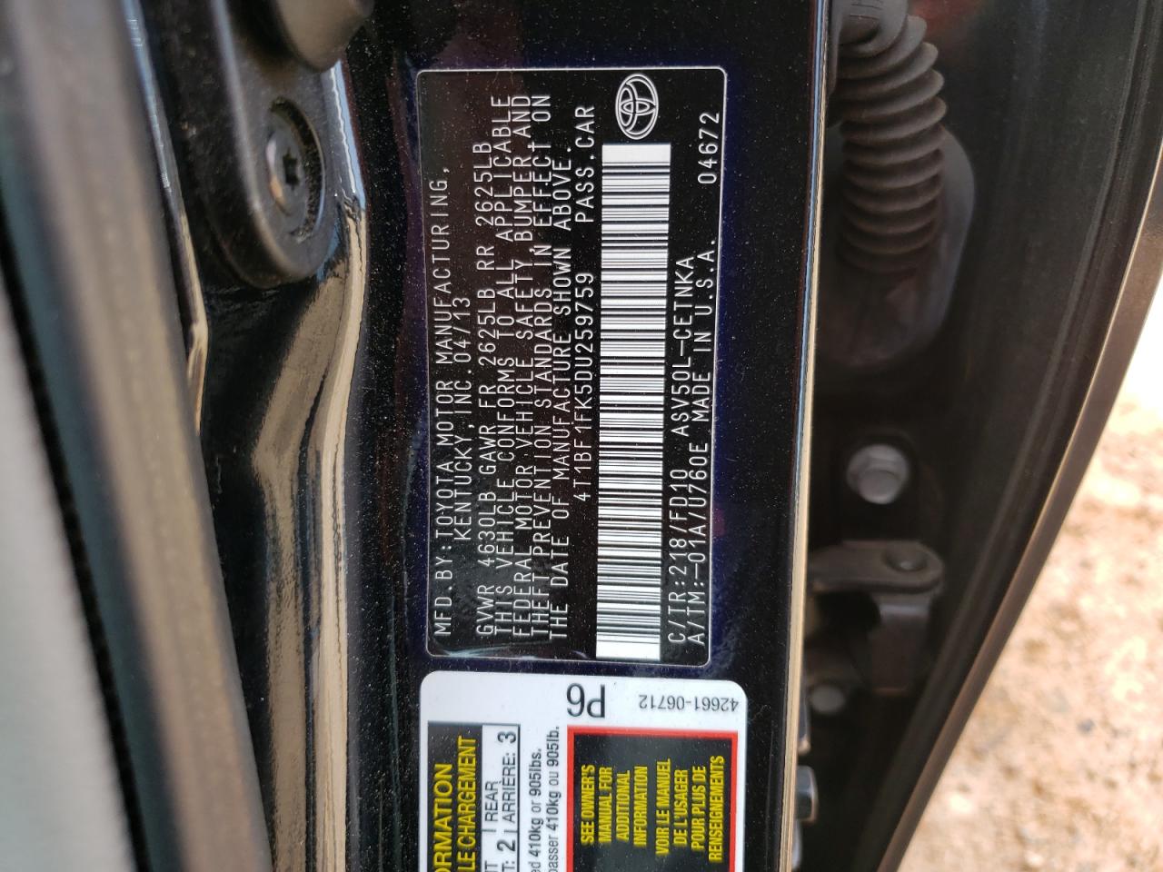 4T1BF1FK5DU259759 2013 Toyota Camry L