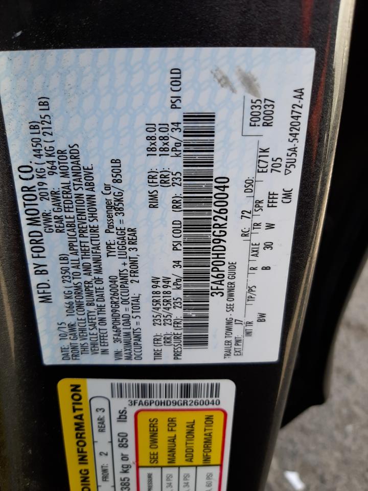 3FA6P0HD9GR260040 FORD FUSION 2016
