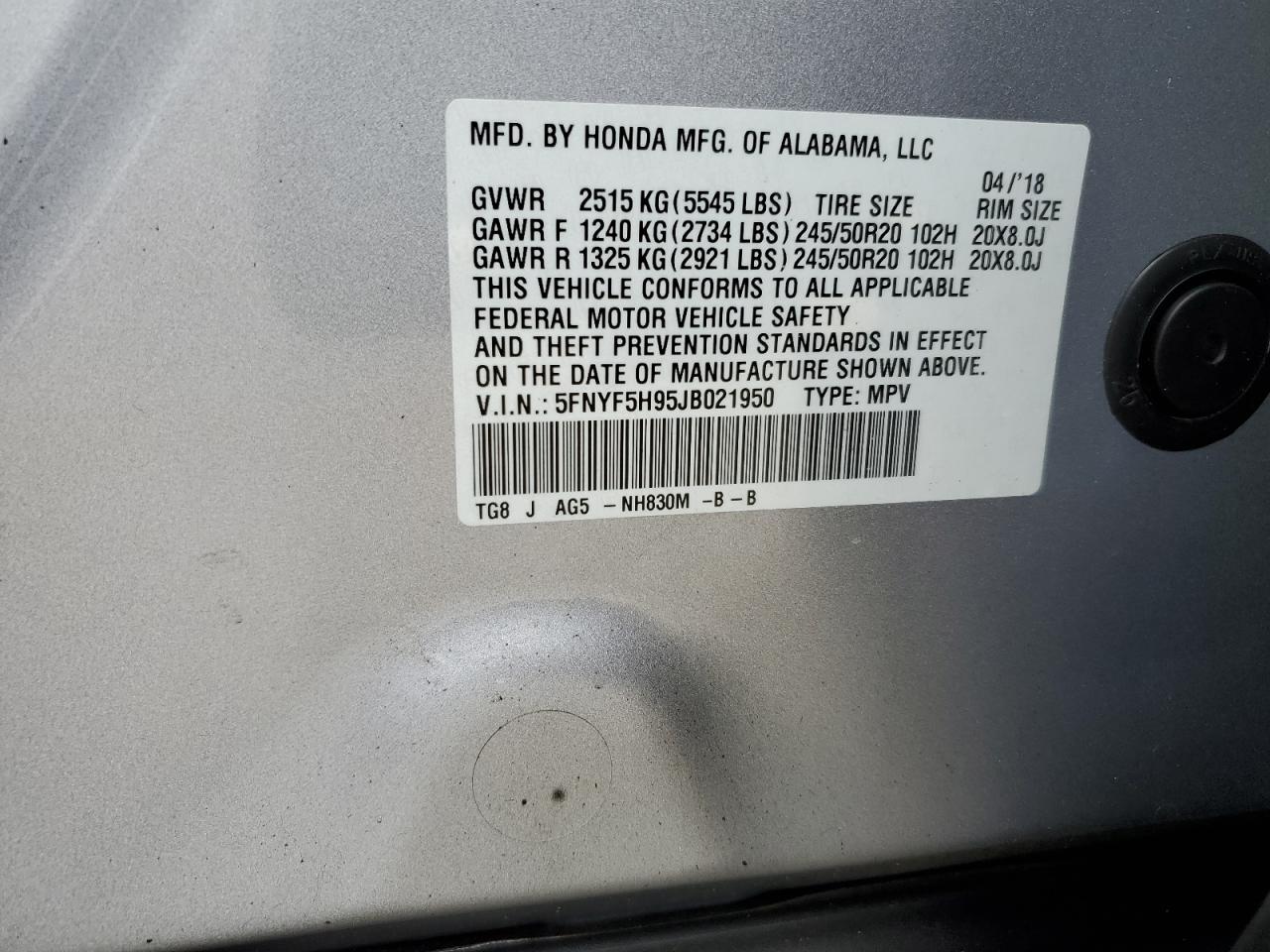 5FNYF5H95JB021950 HONDA PILOT 2018