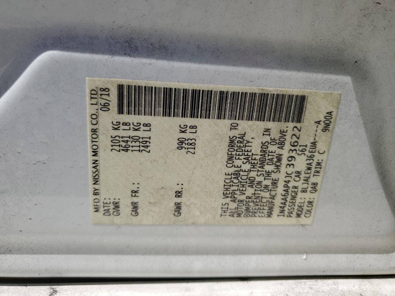 1N4AA6AP4JC393622 NISSAN MAXIMA 2018