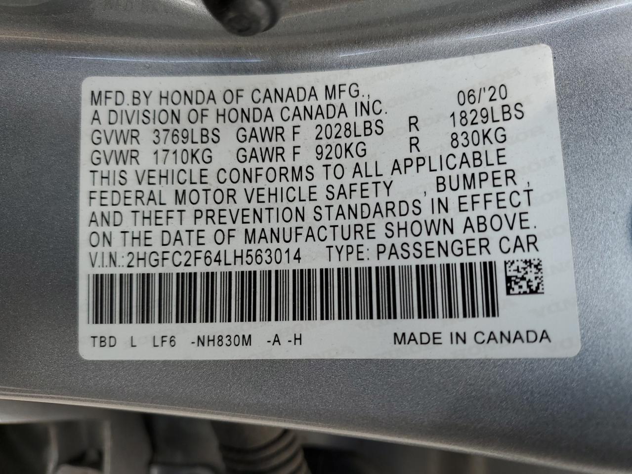 2HGFC2F64LH563014 HONDA CIVIC 2020