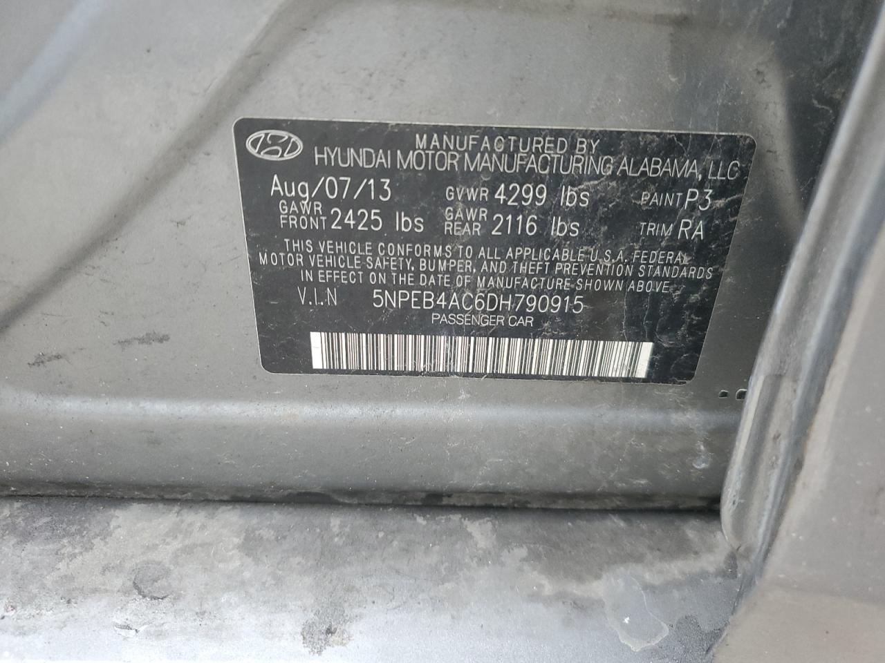 5NPEB4AC6DH790915 2013 Hyundai Sonata Gls