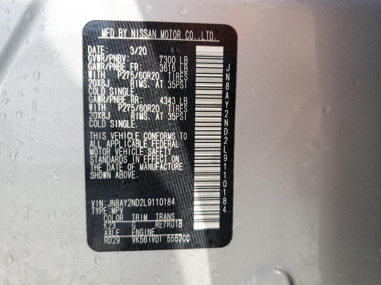 JN8AY2ND2L9110184 NISSAN ARMADA 2020