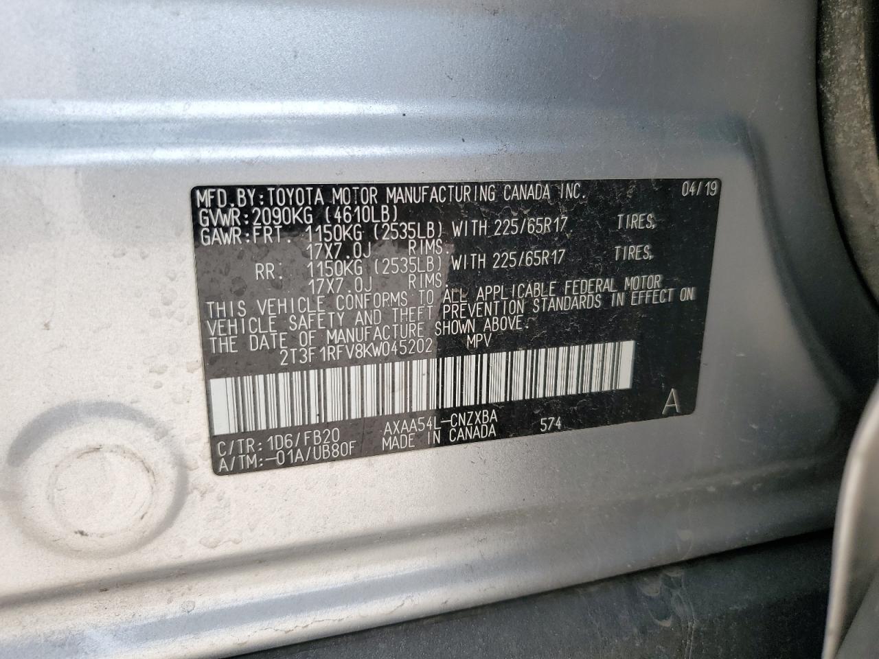2T3F1RFV8KW045202 TOYOTA RAV4 2019