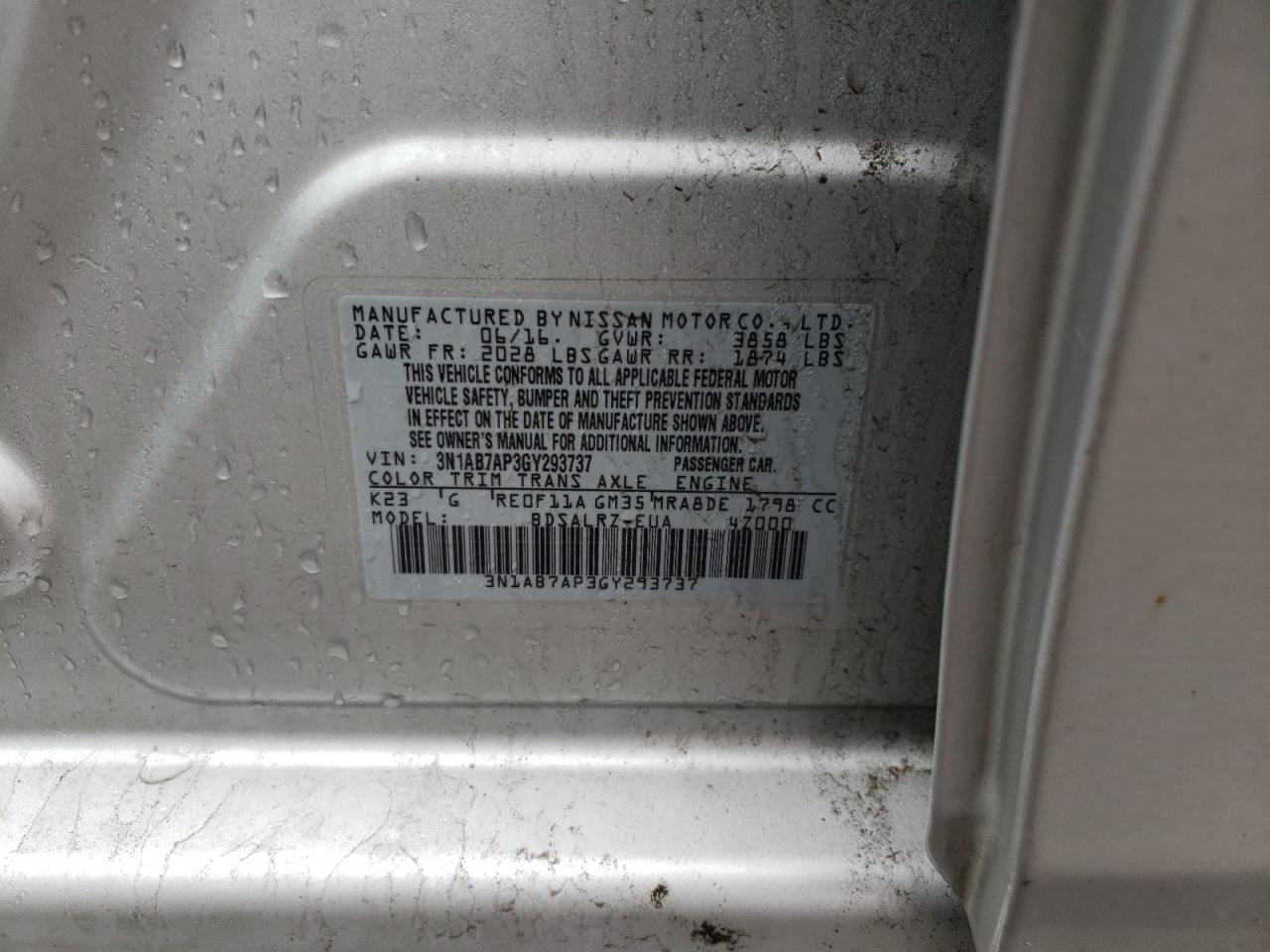 3N1AB7AP3GY293737 NISSAN SENTRA 2016