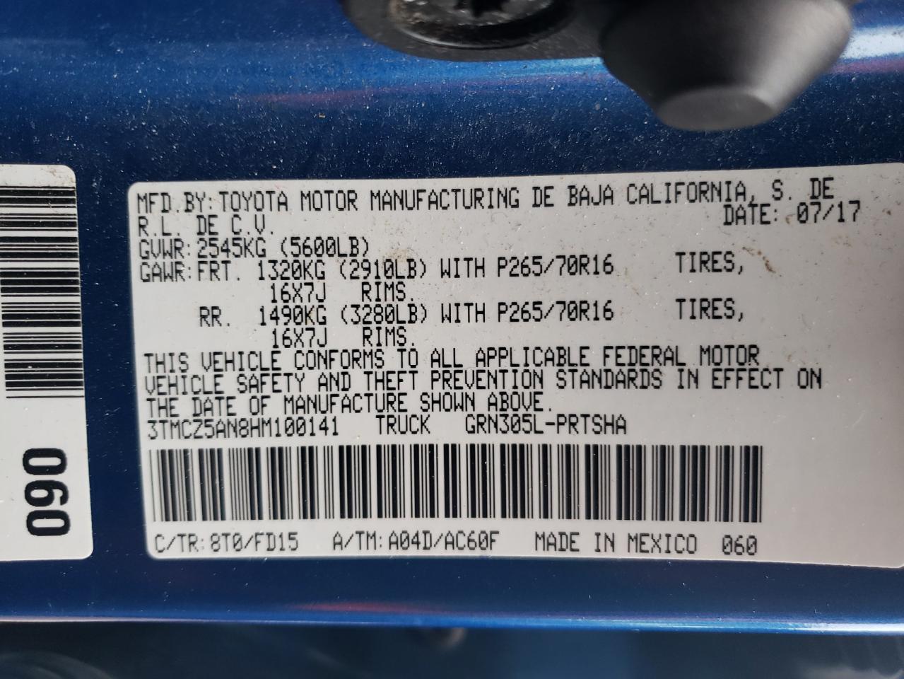3TMCZ5AN8HM100141 TOYOTA TACOMA 2017