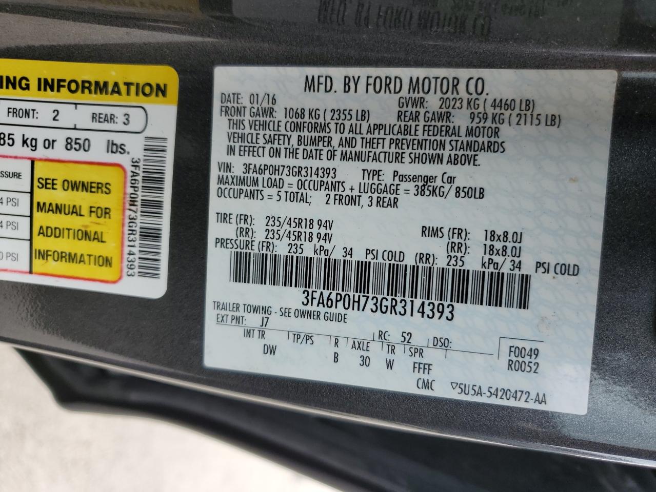 3FA6P0H73GR314393 FORD FUSION 2016