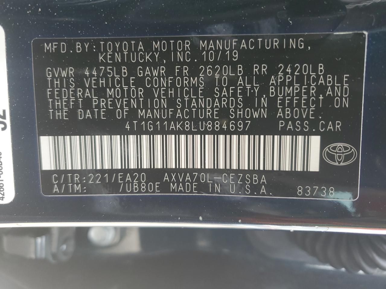 4T1G11AK8LU884697 TOYOTA CAMRY 2020