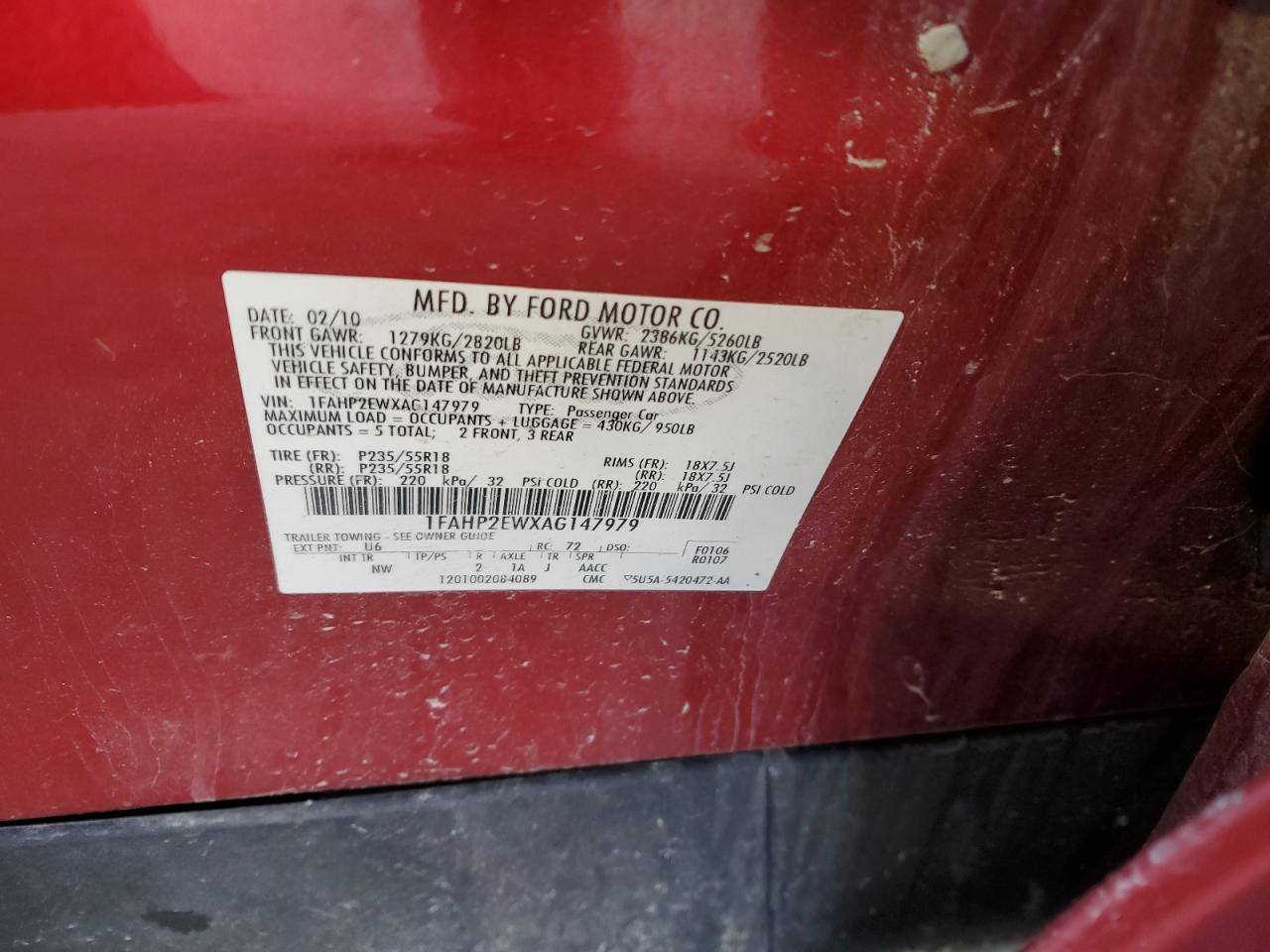 1FAHP2EWXAG147979 2010 Ford Taurus Sel