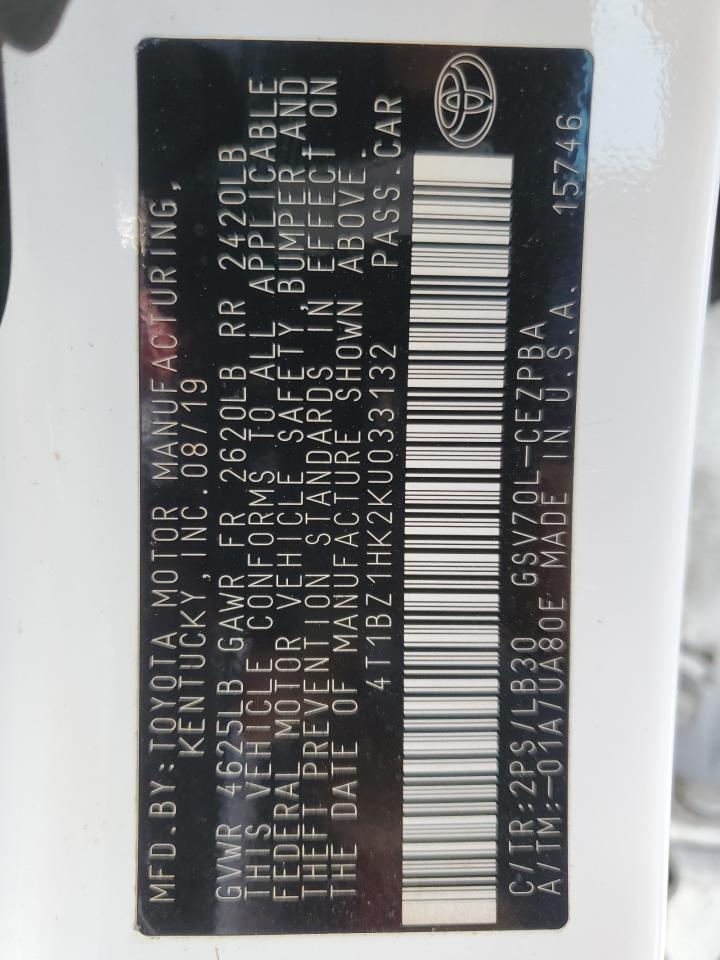 4T1BZ1HK2KU033132 TOYOTA CAMRY 2019