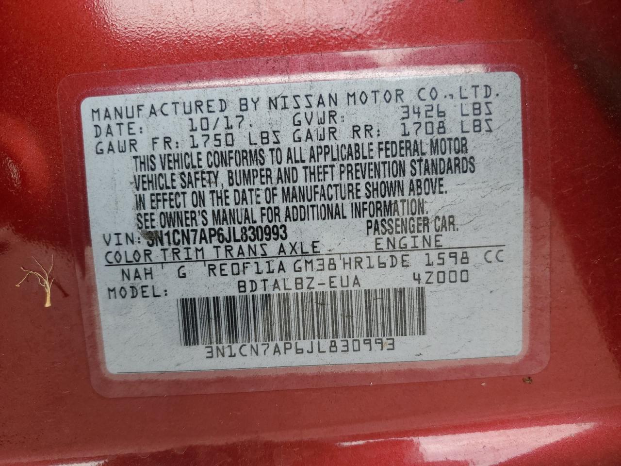 2018 Nissan Versa S vin: 3N1CN7AP6JL830993