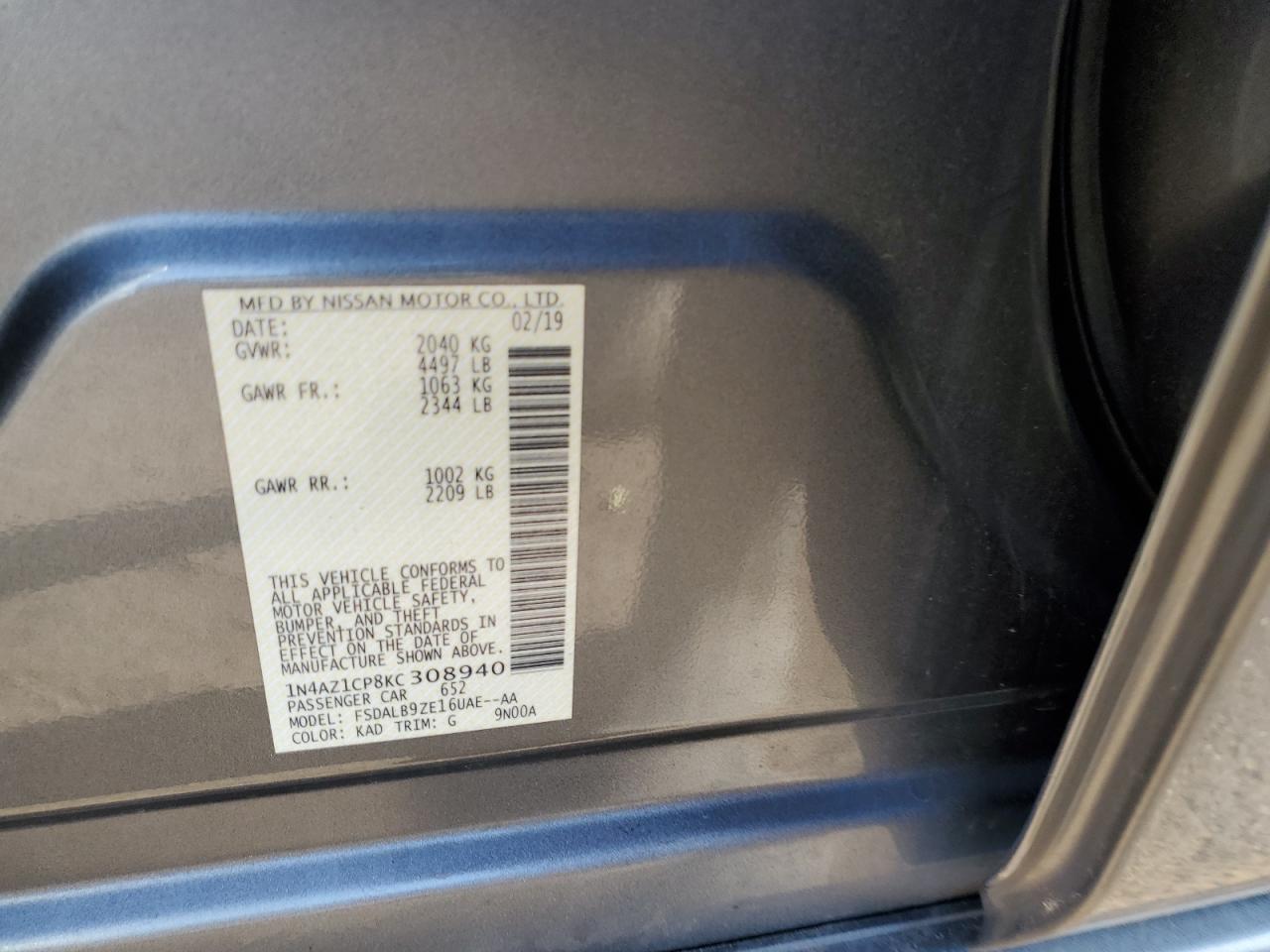 1N4AZ1CP8KC308940 NISSAN LEAF 2019