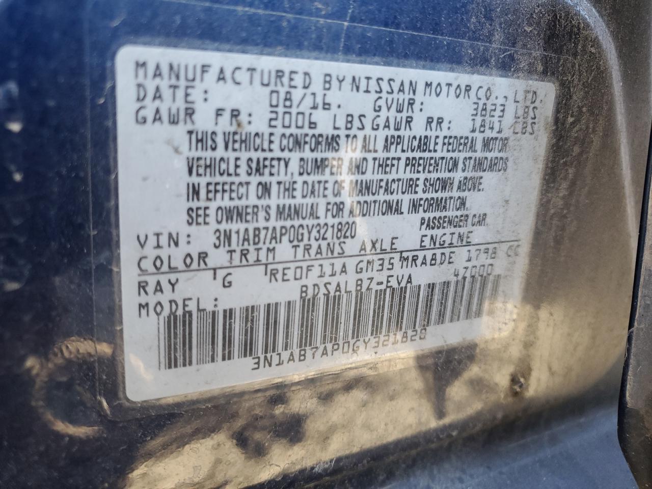 3N1AB7AP0GY321820 NISSAN SENTRA 2016