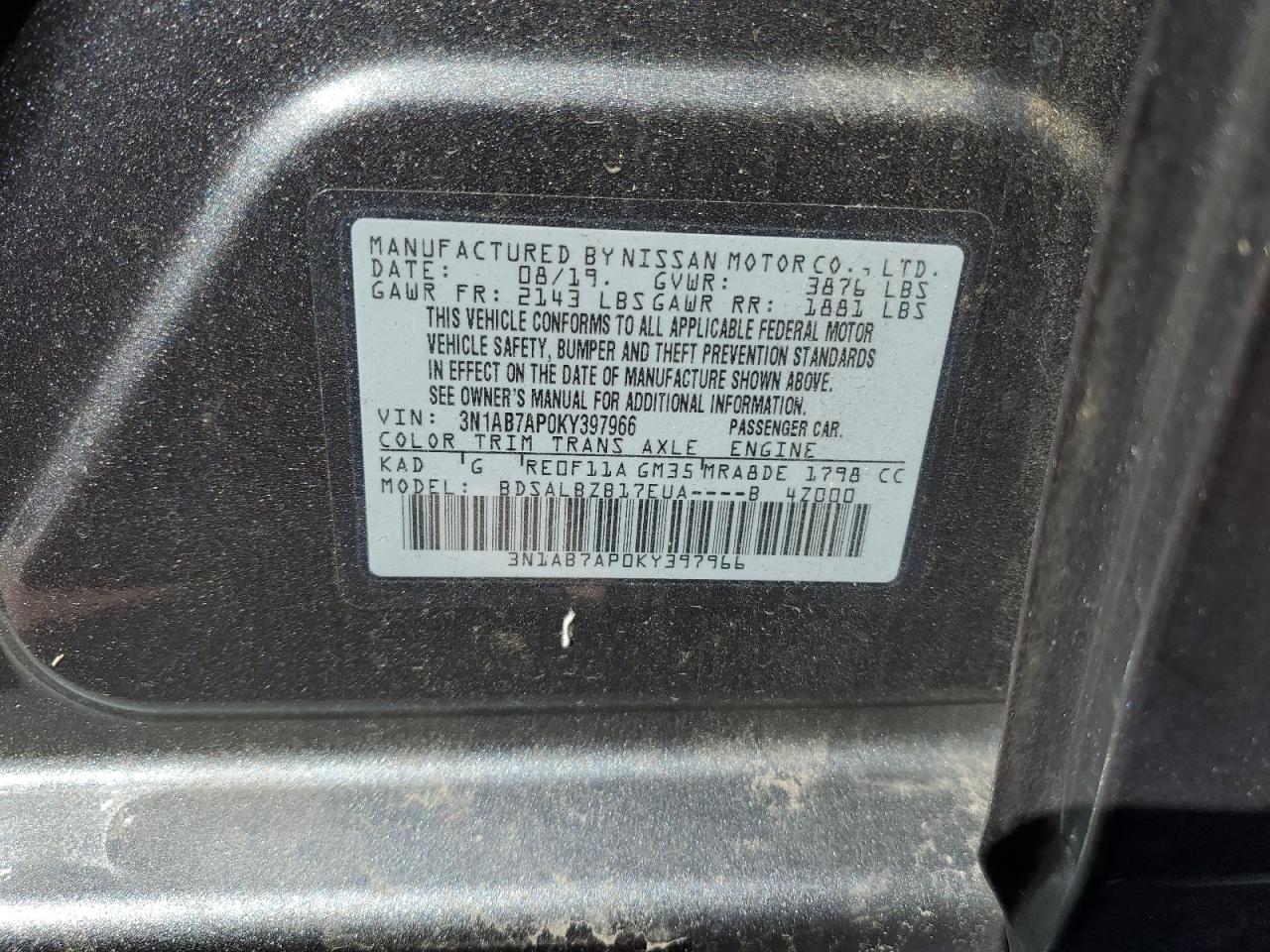 3N1AB7AP0KY397966 NISSAN SENTRA 2019
