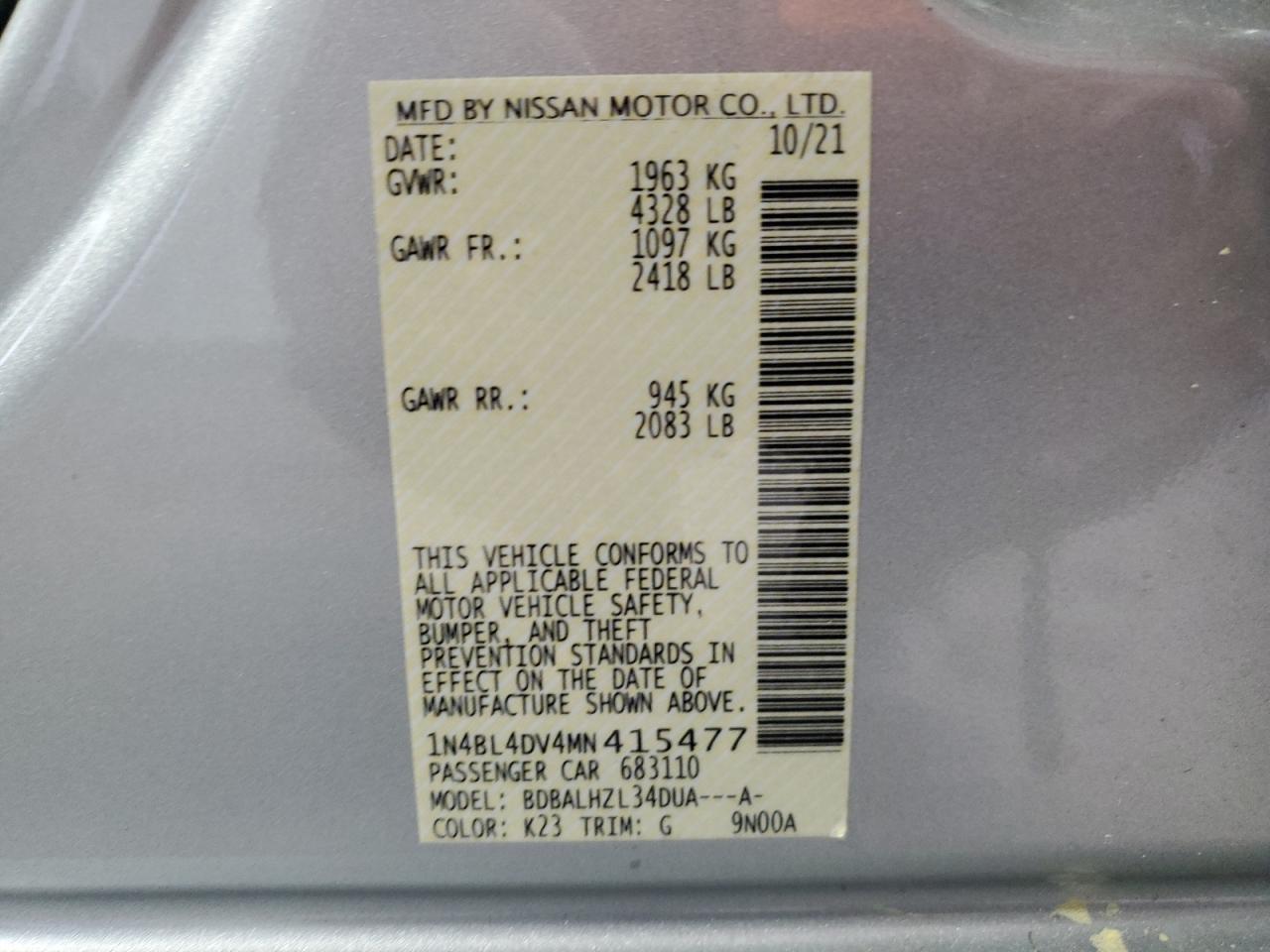 1N4BL4DV4MN415477 2021 Nissan Altima Sv