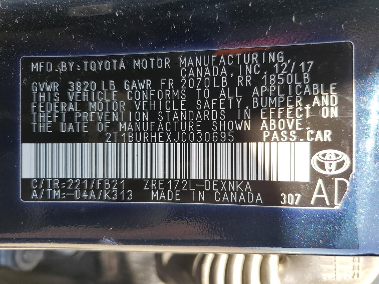 2T1BURHEXJC030695 TOYOTA COROLLA 2018