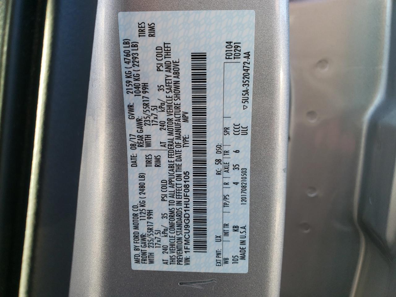 1FMCU9GD1HUF08105 FORD ESCAPE 2017