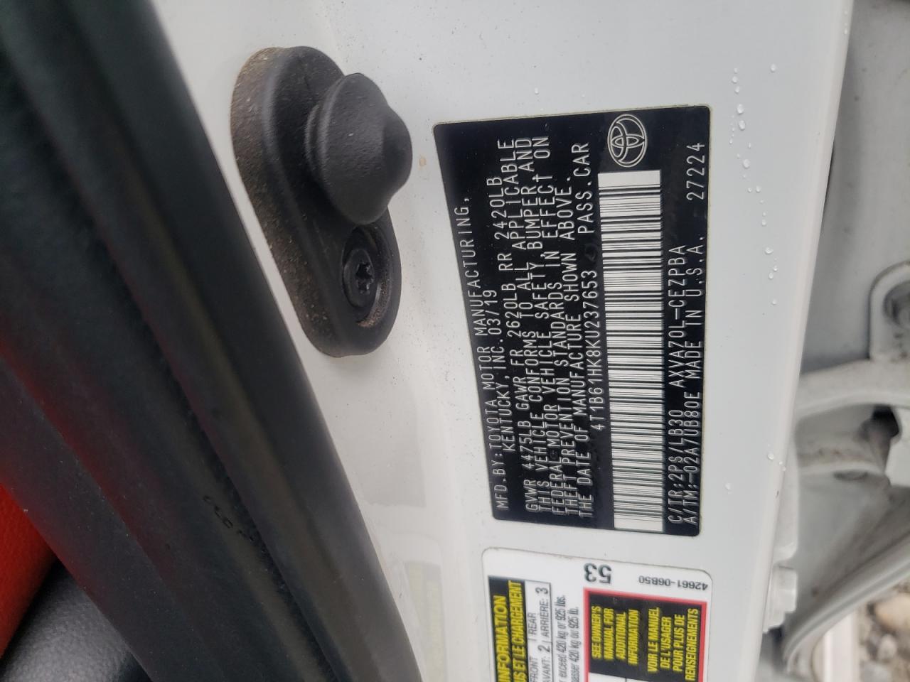 4T1B61HK8KU237653 TOYOTA CAMRY 2019