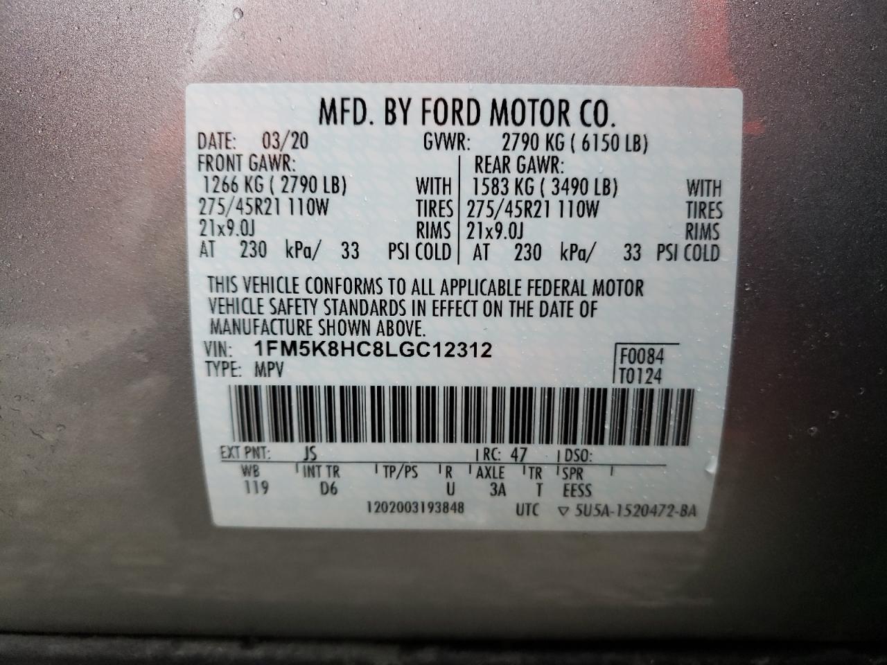 1FM5K8HC8LGC12312 FORD EXPLORER 2020