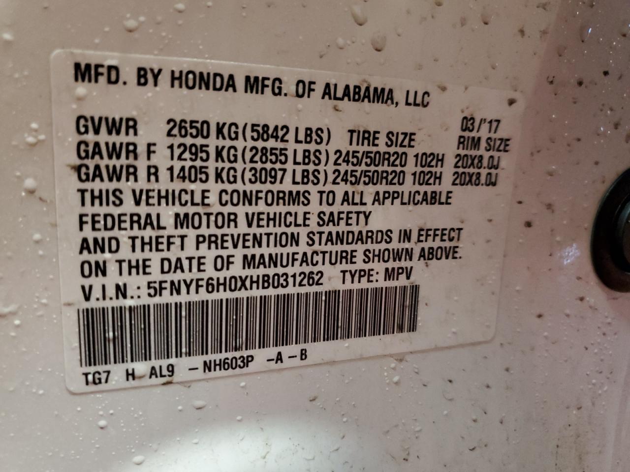 5FNYF6H0XHB031262 HONDA PILOT 2017