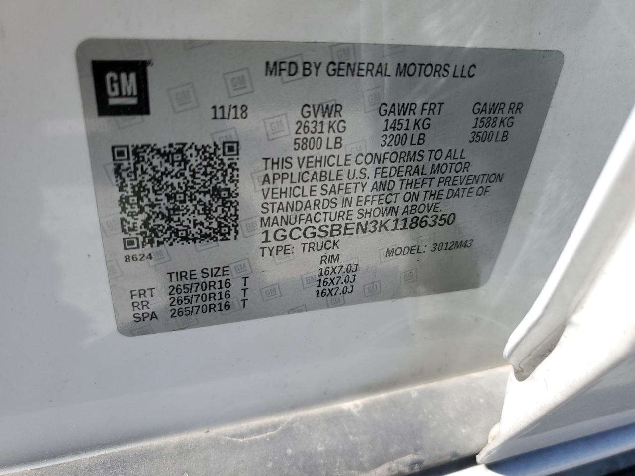 1GCGSBEN3K1186350 CHEVROLET COLORADO 2019