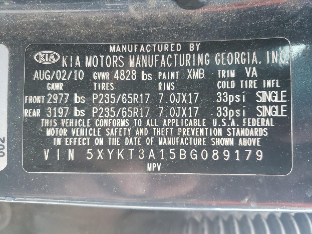 5XYKT3A15BG089179 2011 Kia Sorento Base